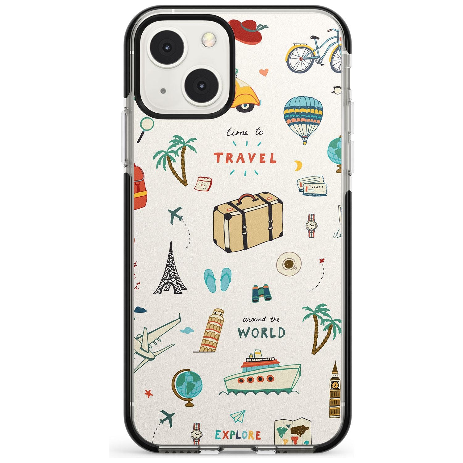 Cute Travel Pattern Cream Phone Case iPhone 13 Mini / Black Impact Case Blanc Space