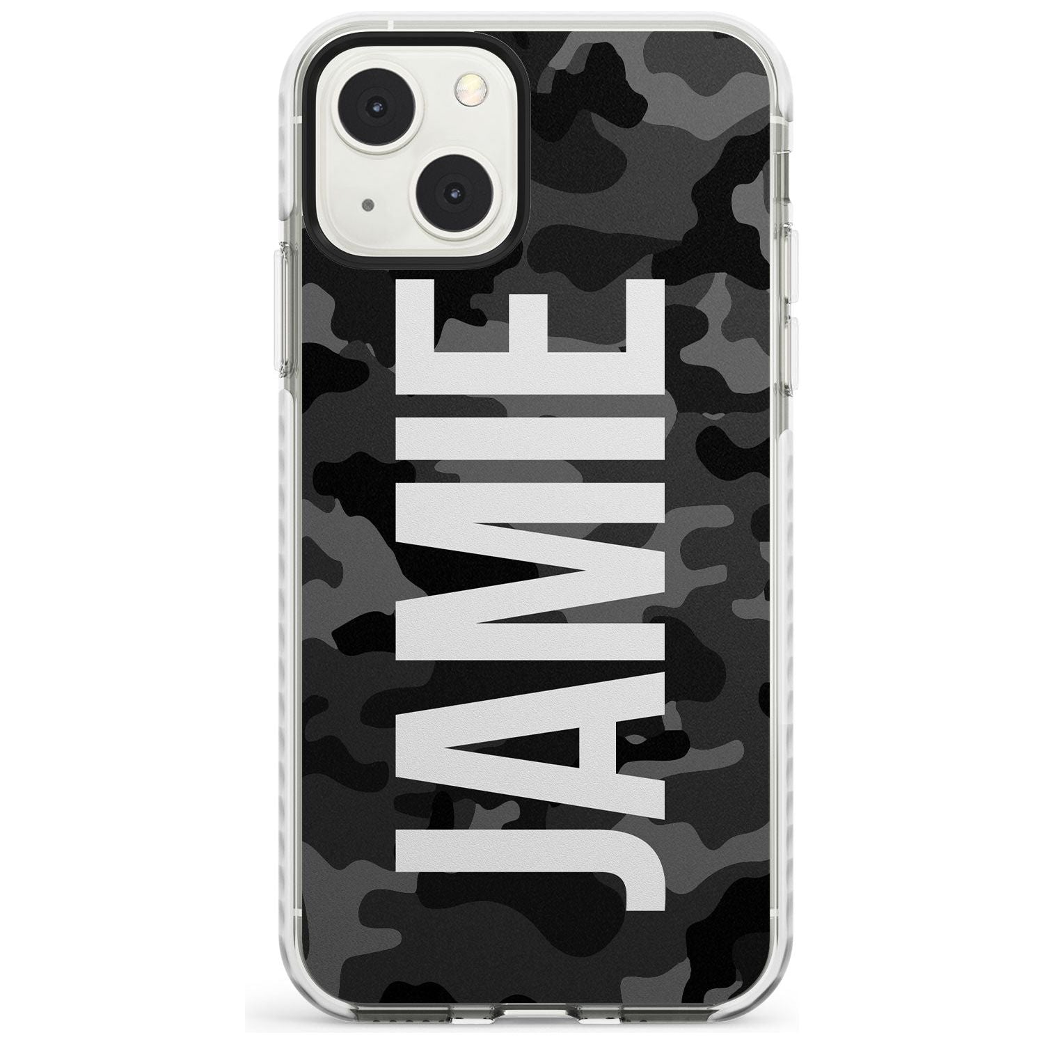 Personalised Vertical Name Black Camouflage Custom Phone Case iPhone 13 Mini / Impact Case Blanc Space