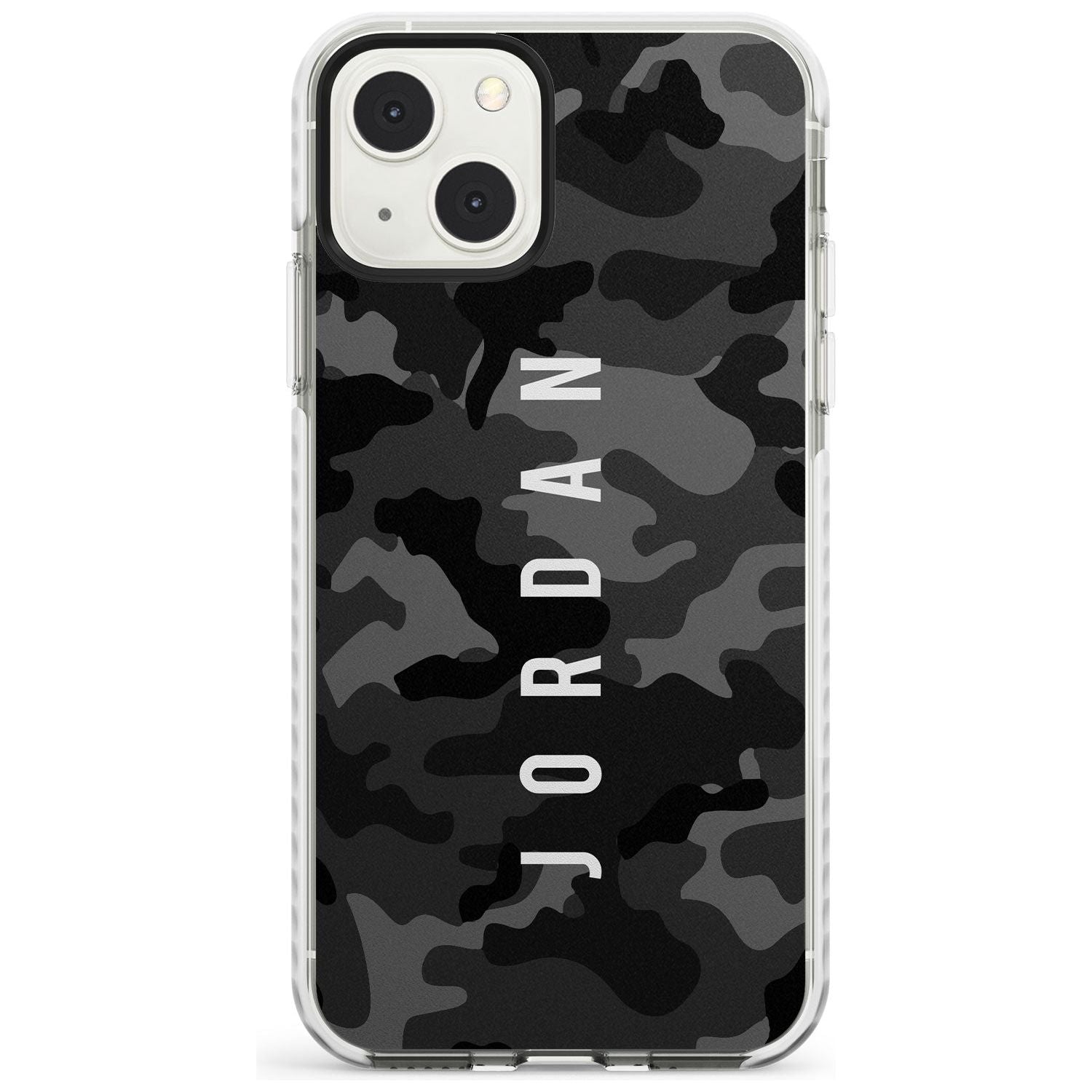 Personalised Small Vertical Name Black Camouflage Custom Phone Case iPhone 13 Mini / Impact Case Blanc Space