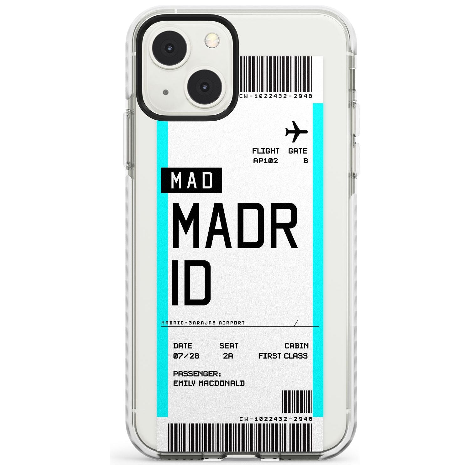Personalised Madrid Boarding Pass Custom Phone Case iPhone 13 Mini / Impact Case Blanc Space