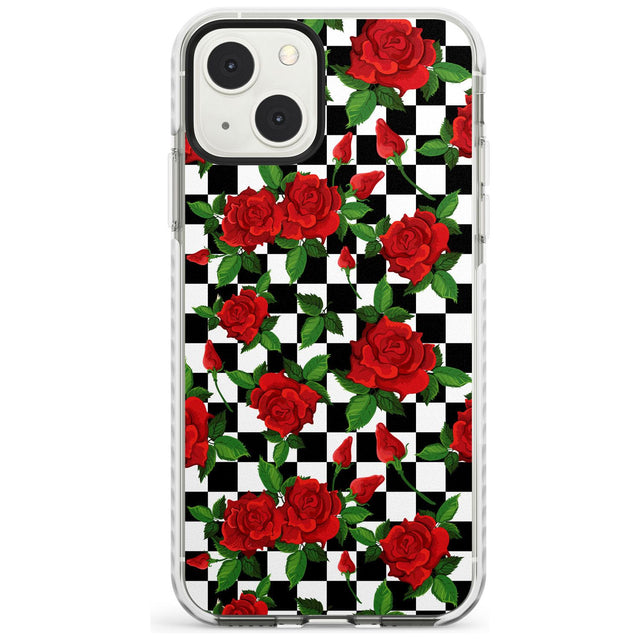 Checkered Pattern & Red Roses Phone Case iPhone 13 Mini / Impact Case Blanc Space