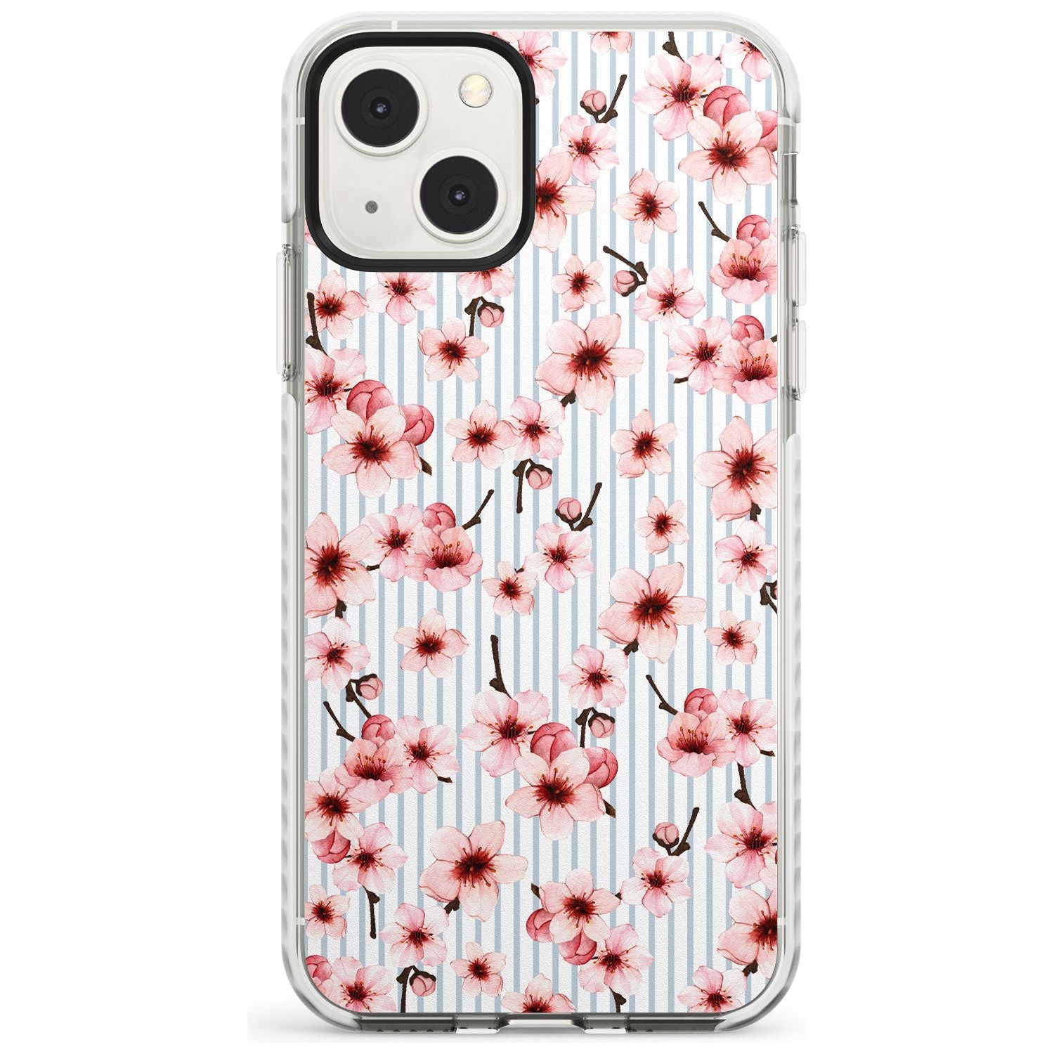 Cherry Blossoms on Blue Stripes Pattern Phone Case iPhone 13 Mini / Impact Case Blanc Space
