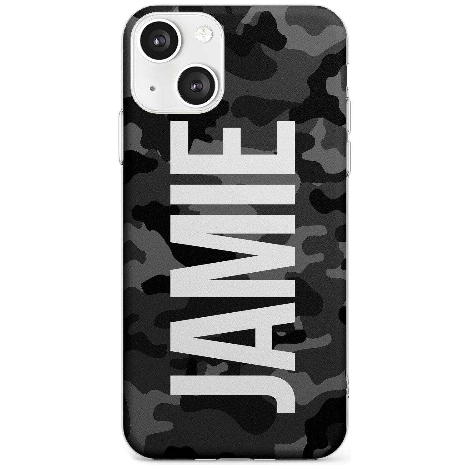Personalised Vertical Name Black Camouflage Custom Phone Case iPhone 13 / Clear Case,iPhone 13 Mini / Clear Case,iPhone 14 / Clear Case,iPhone 14 Plus / Clear Case Blanc Space