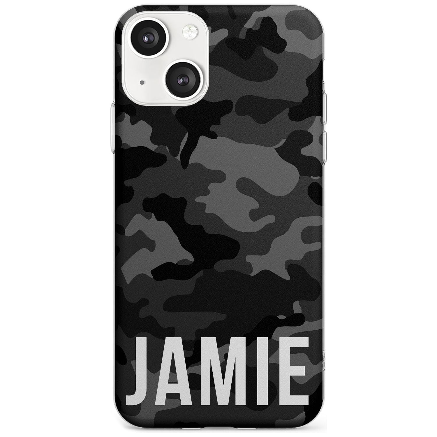 Personalised Horizontal Name Black Camouflage Custom Phone Case iPhone 13 / Clear Case,iPhone 13 Mini / Clear Case,iPhone 14 / Clear Case,iPhone 14 Plus / Clear Case Blanc Space