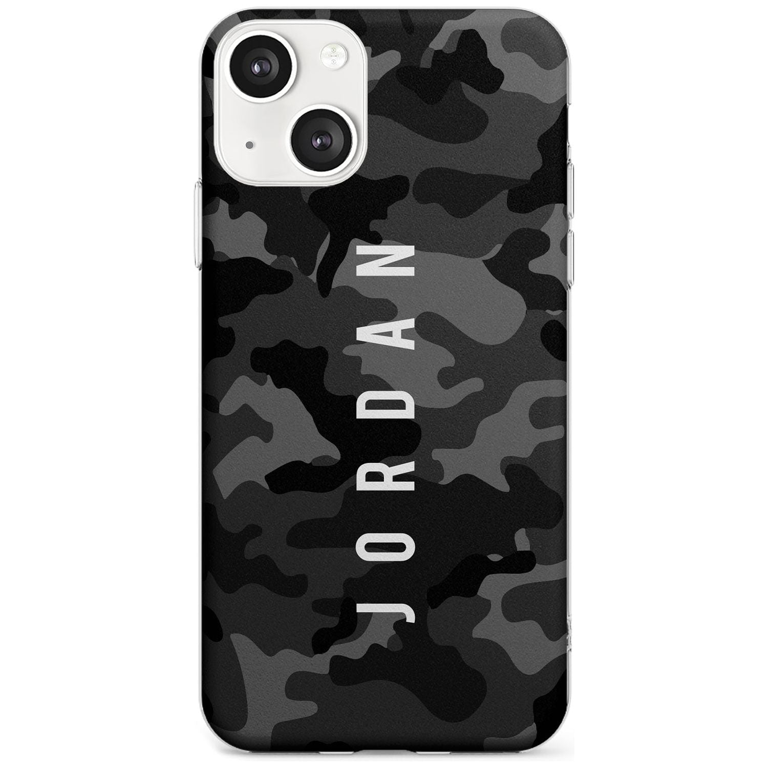 Personalised Small Vertical Name Black Camouflage Custom Phone Case iPhone 13 / Clear Case,iPhone 13 Mini / Clear Case,iPhone 14 / Clear Case,iPhone 14 Plus / Clear Case Blanc Space