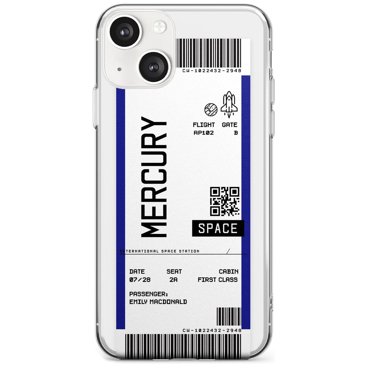 Personalised Mercury Space Travel Ticket Custom Phone Case iPhone 13 / Clear Case,iPhone 13 Mini / Clear Case,iPhone 14 / Clear Case,iPhone 14 Plus / Clear Case Blanc Space