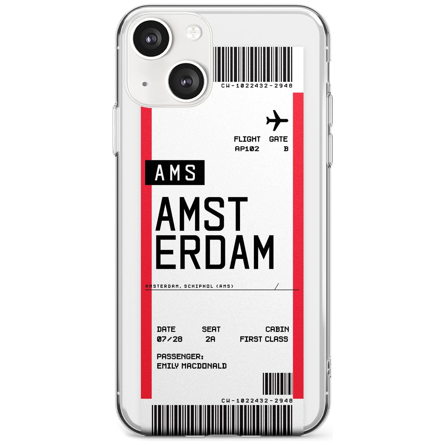 Personalised Amsterdam Boarding Pass Custom Phone Case iPhone 13 / Clear Case,iPhone 13 Mini / Clear Case,iPhone 14 / Clear Case,iPhone 14 Plus / Clear Case Blanc Space