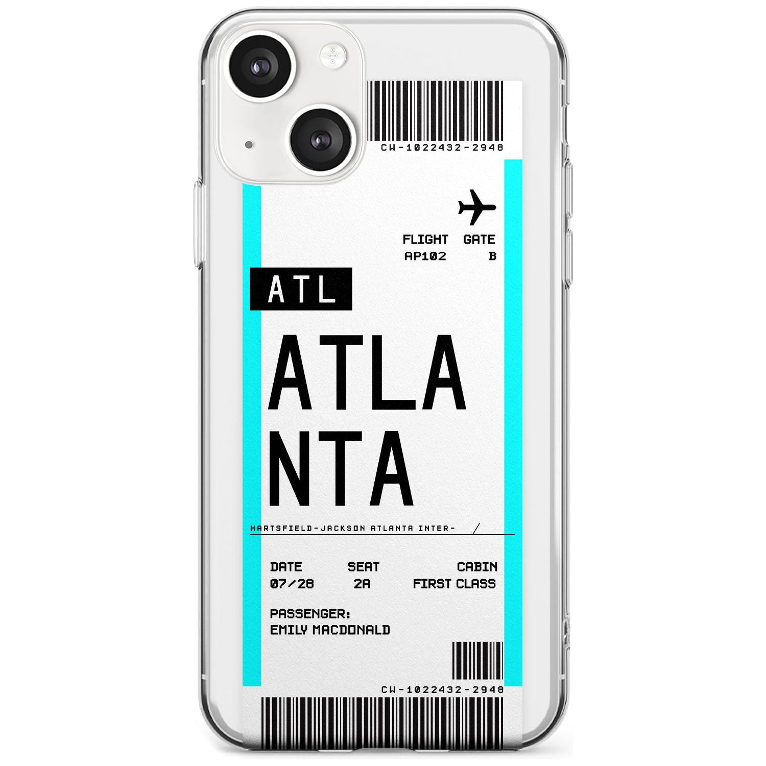 Personalised Atlanta Boarding Pass Custom Phone Case iPhone 13 / Clear Case,iPhone 13 Mini / Clear Case,iPhone 14 / Clear Case,iPhone 14 Plus / Clear Case Blanc Space