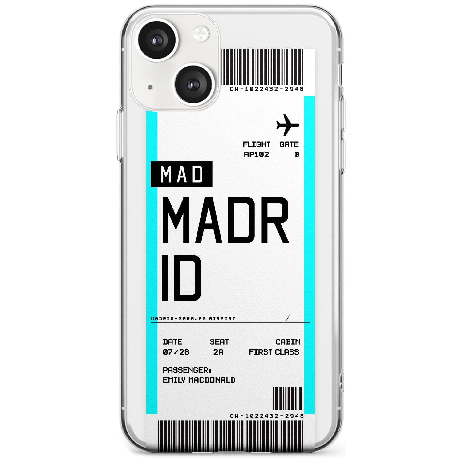 Personalised Madrid Boarding Pass Custom Phone Case iPhone 13 / Clear Case,iPhone 13 Mini / Clear Case,iPhone 14 / Clear Case,iPhone 14 Plus / Clear Case Blanc Space