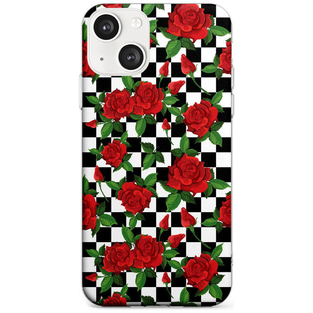 Checkered Pattern & Red Roses Phone Case iPhone 13 / Clear Case,iPhone 13 Mini / Clear Case,iPhone 14 / Clear Case,iPhone 14 Plus / Clear Case Blanc Space