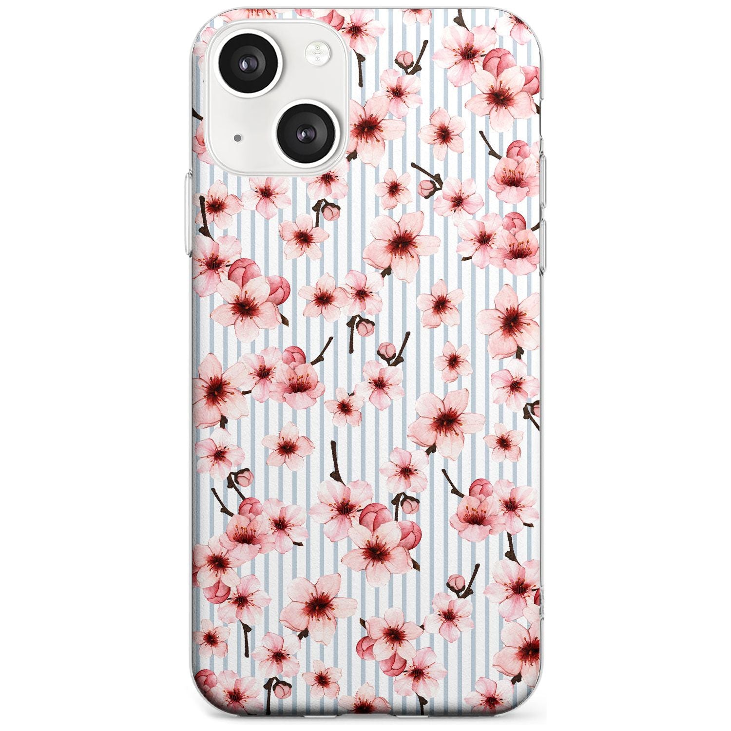 Cherry Blossoms on Blue Stripes Pattern Phone Case iPhone 13 / Clear Case,iPhone 13 Mini / Clear Case,iPhone 14 / Clear Case,iPhone 14 Plus / Clear Case Blanc Space