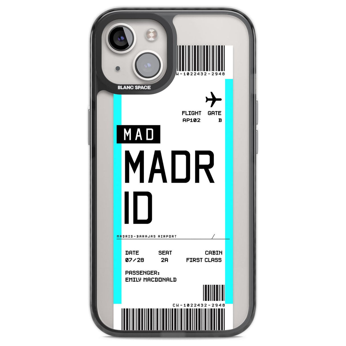 Personalised Madrid Boarding Pass Custom Phone Case iPhone 12 / Black Impact Case,iPhone 13 / Black Impact Case,iPhone 12 Pro / Black Impact Case,iPhone 14 / Black Impact Case,iPhone 15 Plus / Black Impact Case,iPhone 15 / Black Impact Case Blanc Space