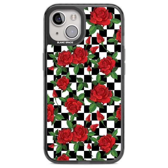 Checkered Pattern & Red Roses Phone Case iPhone 12 / Black Impact Case,iPhone 13 / Black Impact Case,iPhone 12 Pro / Black Impact Case,iPhone 14 / Black Impact Case,iPhone 15 Plus / Black Impact Case,iPhone 15 / Black Impact Case Blanc Space