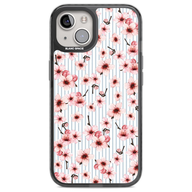 Cherry Blossoms on Blue Stripes Pattern Phone Case iPhone 12 / Black Impact Case,iPhone 13 / Black Impact Case,iPhone 12 Pro / Black Impact Case,iPhone 14 / Black Impact Case,iPhone 15 Plus / Black Impact Case,iPhone 15 / Black Impact Case Blanc Space