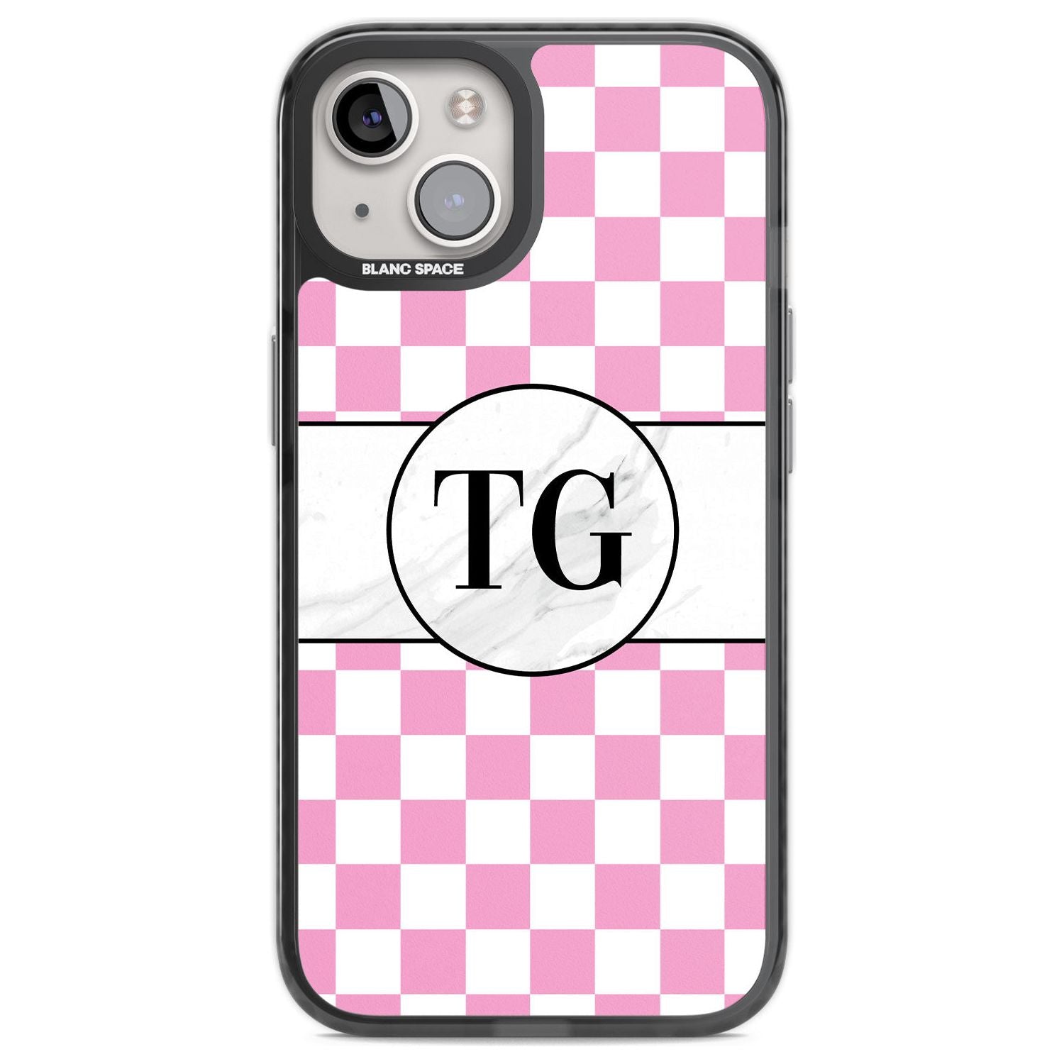 Personalised Monogrammed Pink Check Phone Case iPhone 13 / Black Impact Case,iPhone 14 / Black Impact Case,iPhone 15 / Black Impact Case,iPhone 15 Plus / Black Impact Case Blanc Space
