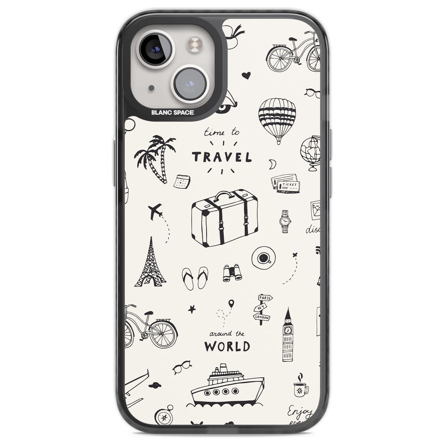 Cute Travel Pattern, White on Phone Case iPhone 13 / Black Impact Case,iPhone 14 / Black Impact Case,iPhone 15 / Black Impact Case,iPhone 15 Plus / Black Impact Case Blanc Space