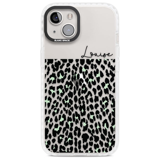 Personalised Seafoam Green & Cursive Leopard Spots Custom Phone Case iPhone 13 / Impact Case,iPhone 14 / Impact Case,iPhone 15 Plus / Impact Case,iPhone 15 / Impact Case Blanc Space