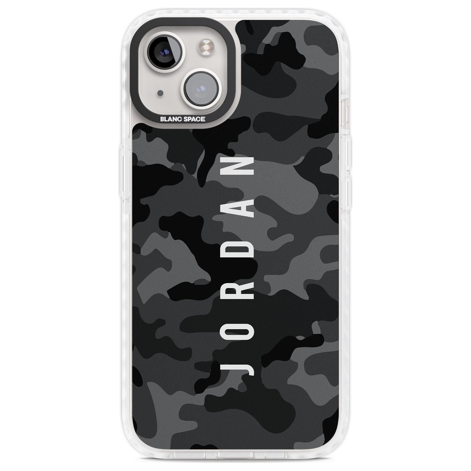 Personalised Small Vertical Name Black Camouflage Custom Phone Case iPhone 13 / Impact Case,iPhone 14 / Impact Case,iPhone 15 Plus / Impact Case,iPhone 15 / Impact Case Blanc Space