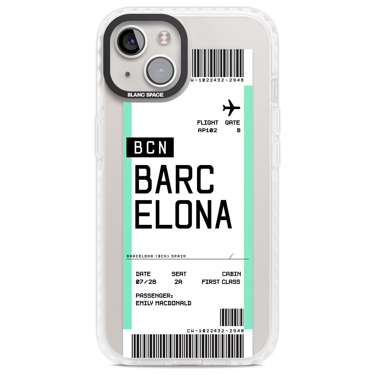 Personalised Barcelona Boarding Pass Custom Phone Case iPhone 13 / Impact Case,iPhone 14 / Impact Case,iPhone 15 Plus / Impact Case,iPhone 15 / Impact Case Blanc Space