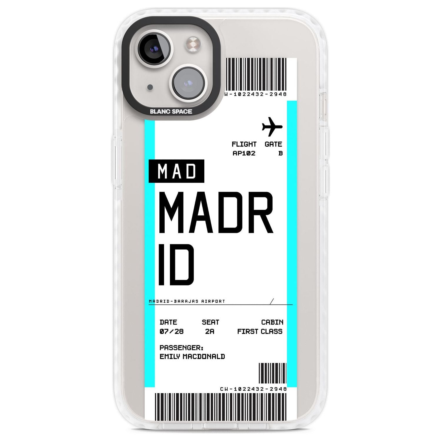 Personalised Madrid Boarding Pass Custom Phone Case iPhone 13 / Impact Case,iPhone 14 / Impact Case,iPhone 15 Plus / Impact Case,iPhone 15 / Impact Case Blanc Space