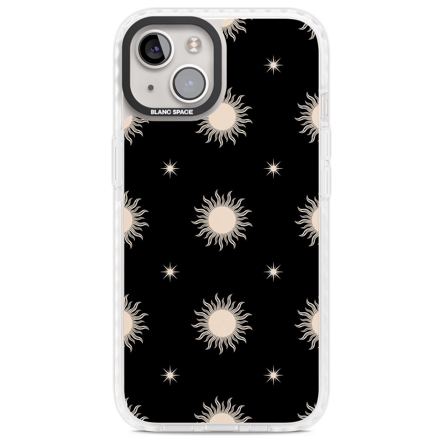 Celestial Patterns Classic Suns (Black) Phone Case iPhone 13 / Impact Case,iPhone 14 / Impact Case,iPhone 15 / Impact Case,iPhone 15 Plus / Impact Case Blanc Space
