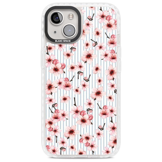 Cherry Blossoms on Blue Stripes Pattern Phone Case iPhone 13 / Impact Case,iPhone 14 / Impact Case,iPhone 15 Plus / Impact Case,iPhone 15 / Impact Case Blanc Space