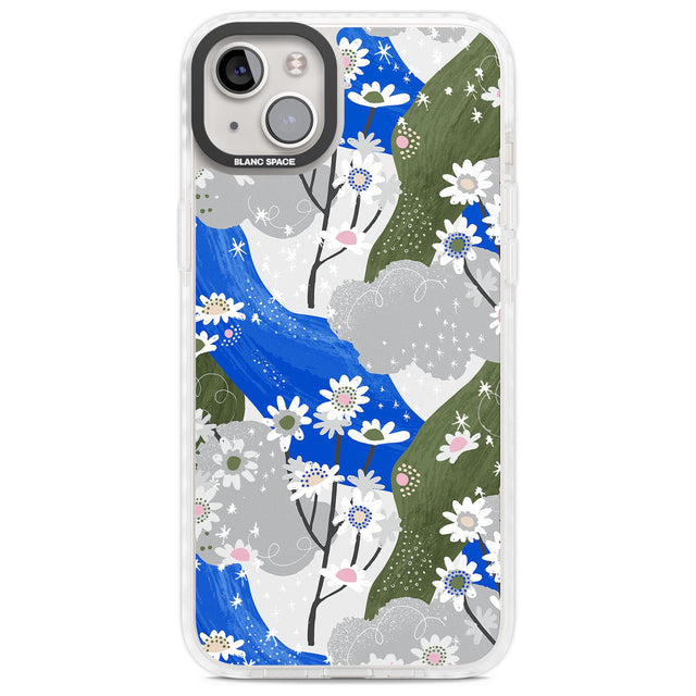 Blue & Grey Daisies Pattern Phone Case iPhone 14 Plus / Impact Case Blanc Space