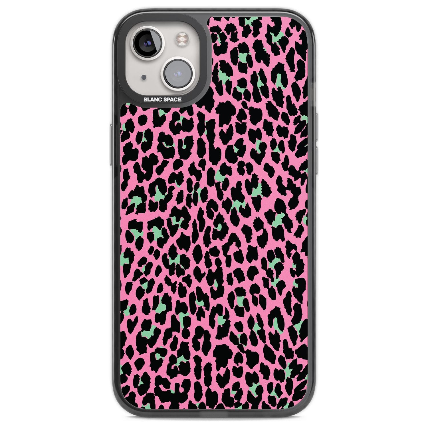 Green on Pink Leopard Print Pattern Phone Case iPhone 14 Plus / Black Impact Case Blanc Space