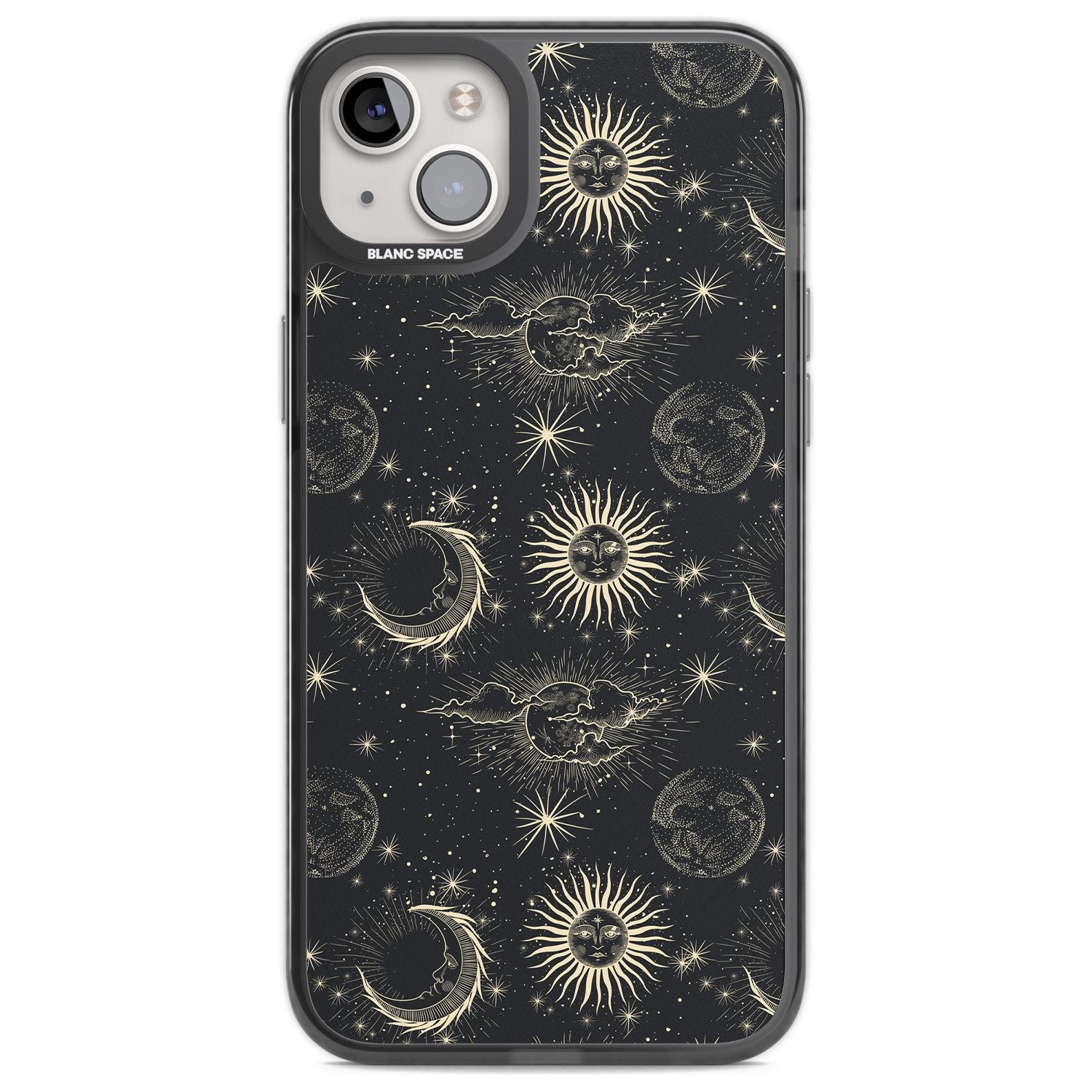Large Suns, Moons & Clouds Astrological Phone Case iPhone 14 Plus / Black Impact Case Blanc Space