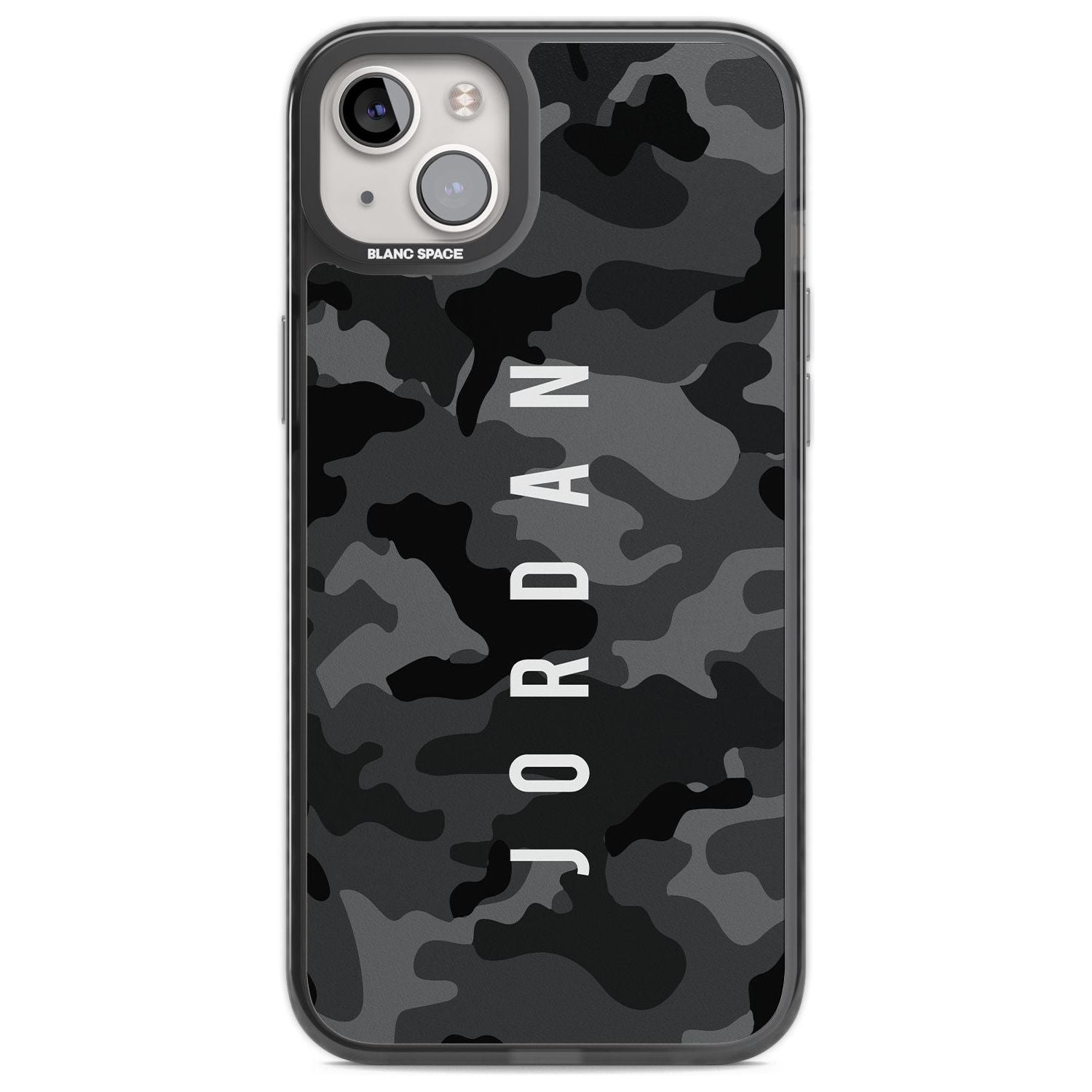 Personalised Small Vertical Name Black Camouflage Custom Phone Case iPhone 14 Plus / Black Impact Case Blanc Space