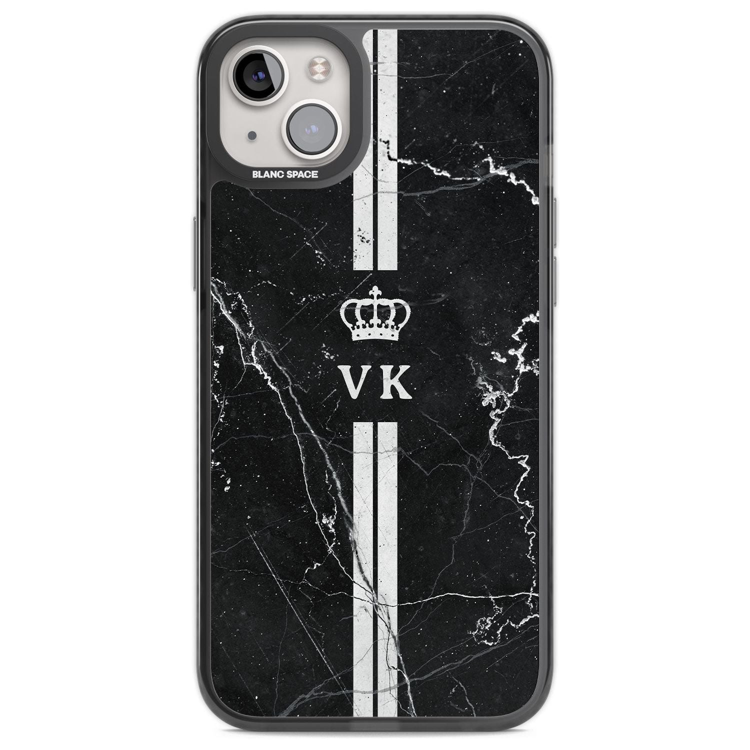 Personalised Stripes + Initials with Crown on Black Marble Custom Phone Case iPhone 14 Plus / Black Impact Case Blanc Space