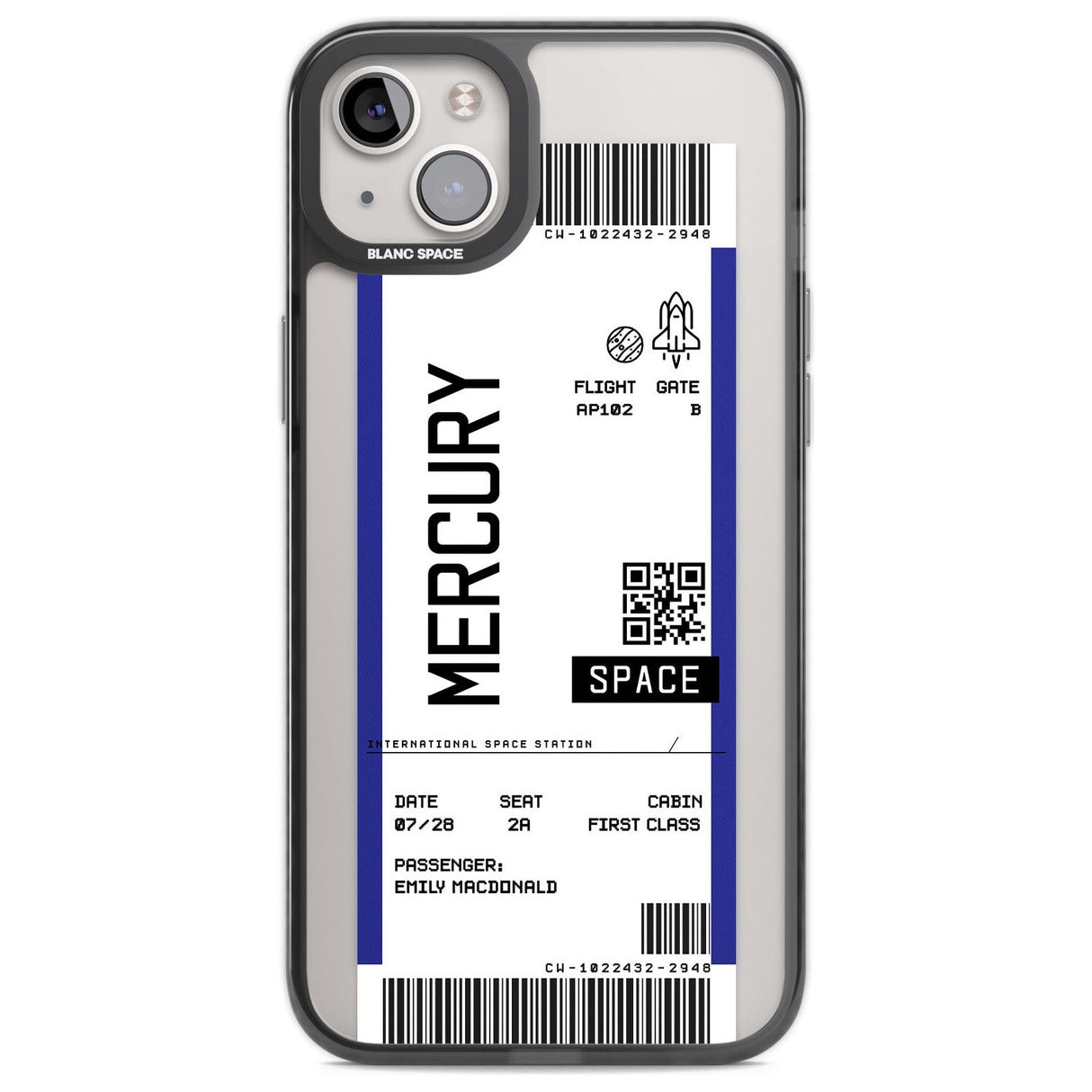 Personalised Mercury Space Travel Ticket Custom Phone Case iPhone 14 Plus / Black Impact Case Blanc Space