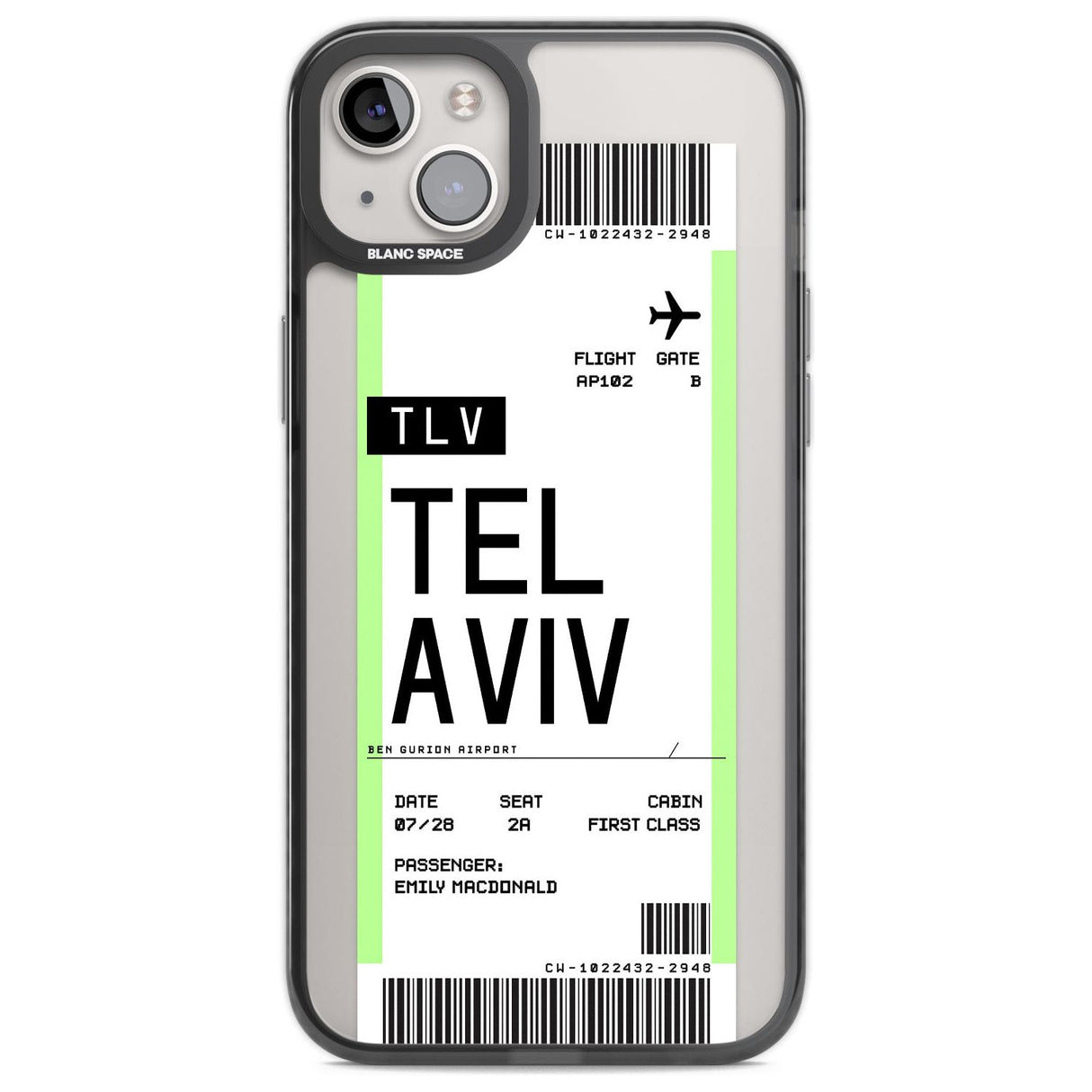 Personalised Tel Aviv Boarding Pass Custom Phone Case iPhone 14 Plus / Black Impact Case Blanc Space