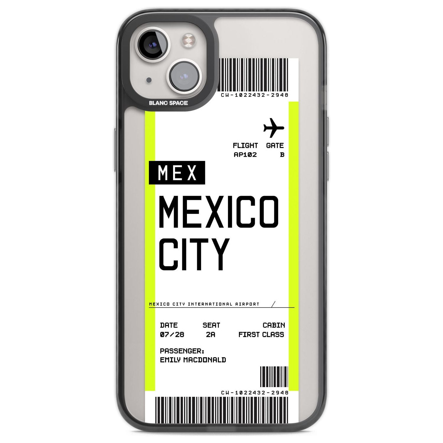 Personalised Mexico City Boarding Pass Custom Phone Case iPhone 14 Plus / Black Impact Case Blanc Space