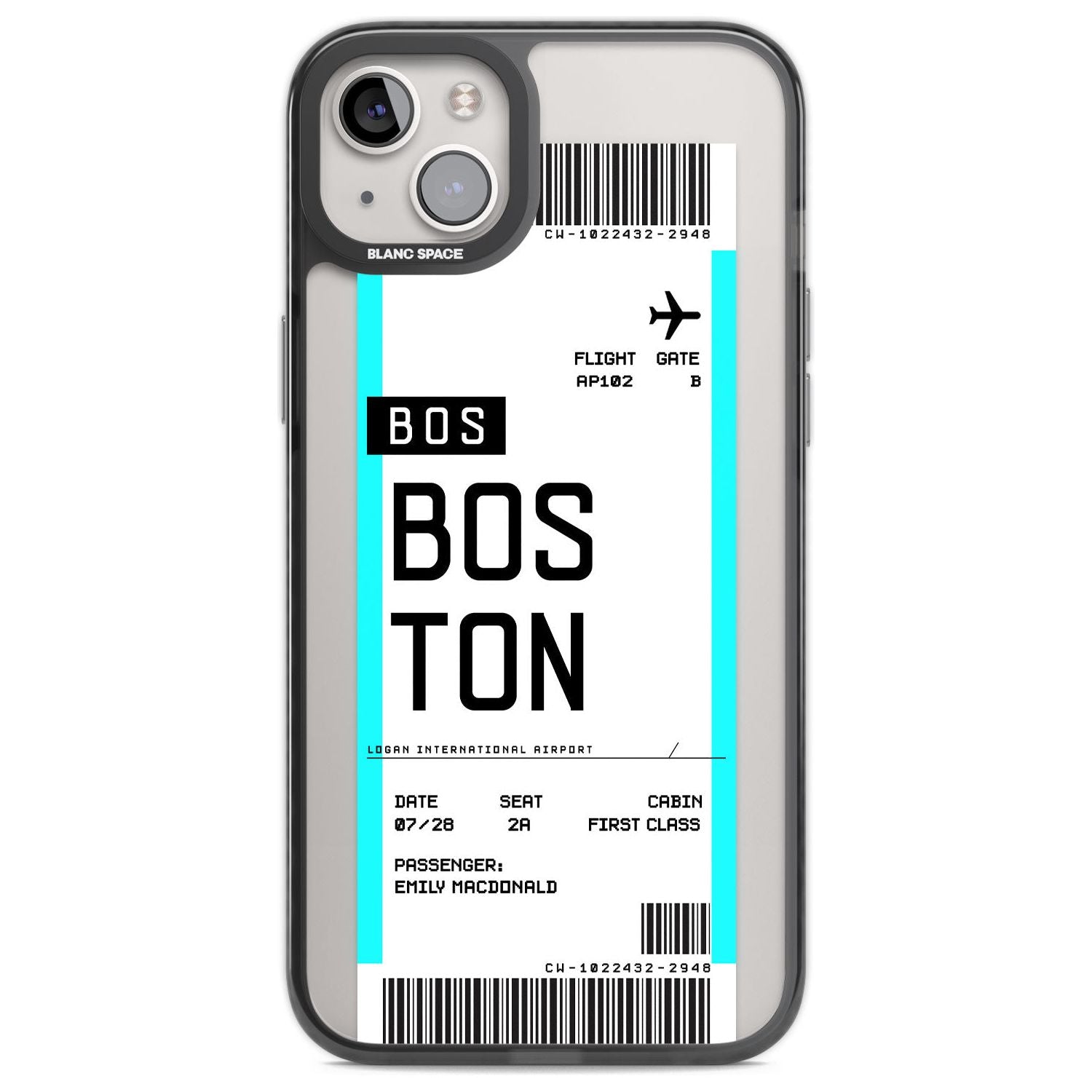 Personalised Boston Boarding Pass Custom Phone Case iPhone 14 Plus / Black Impact Case Blanc Space