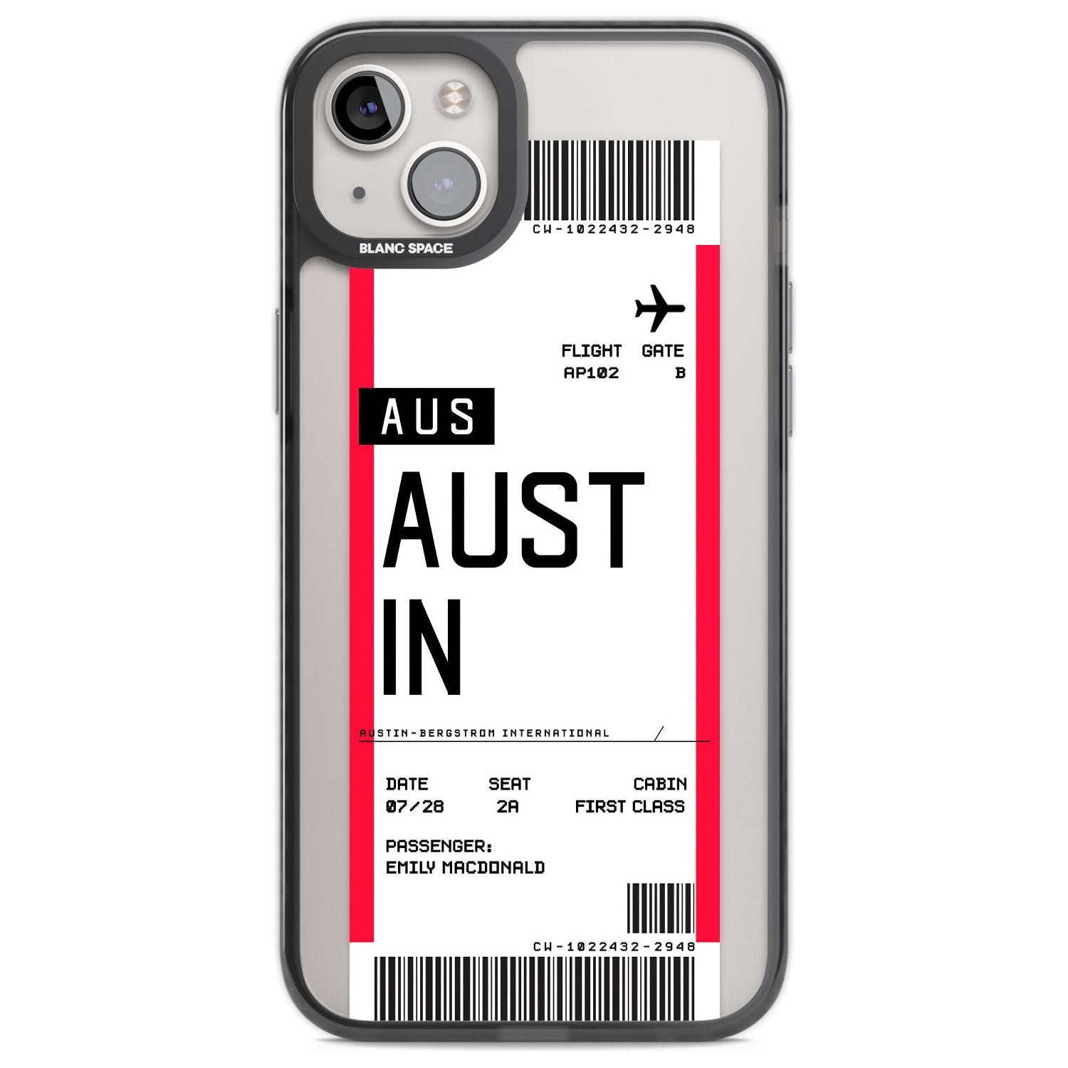 Personalised Austin Boarding Pass Custom Phone Case iPhone 14 Plus / Black Impact Case Blanc Space