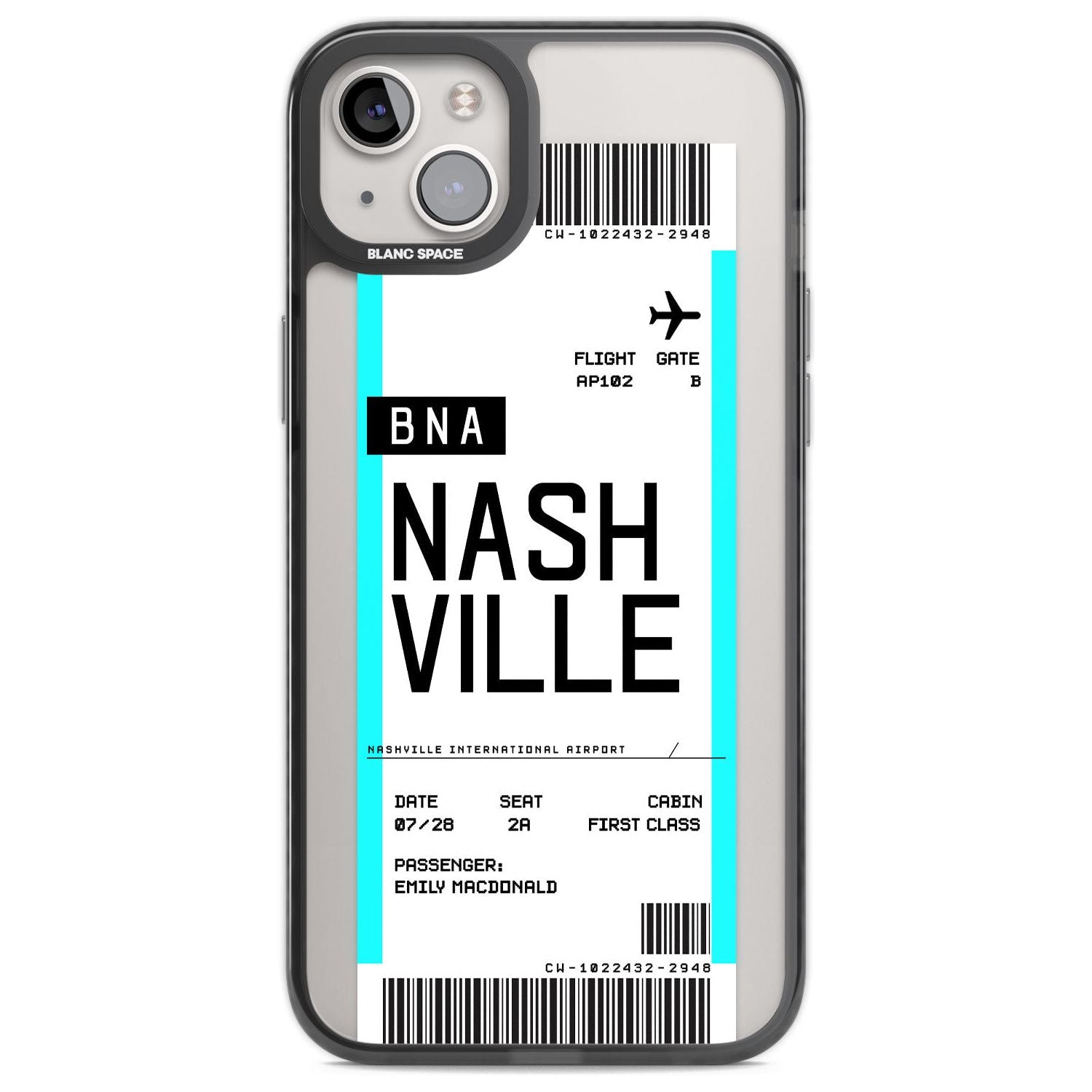 Personalised Nashville Boarding Pass Custom Phone Case iPhone 14 Plus / Black Impact Case Blanc Space