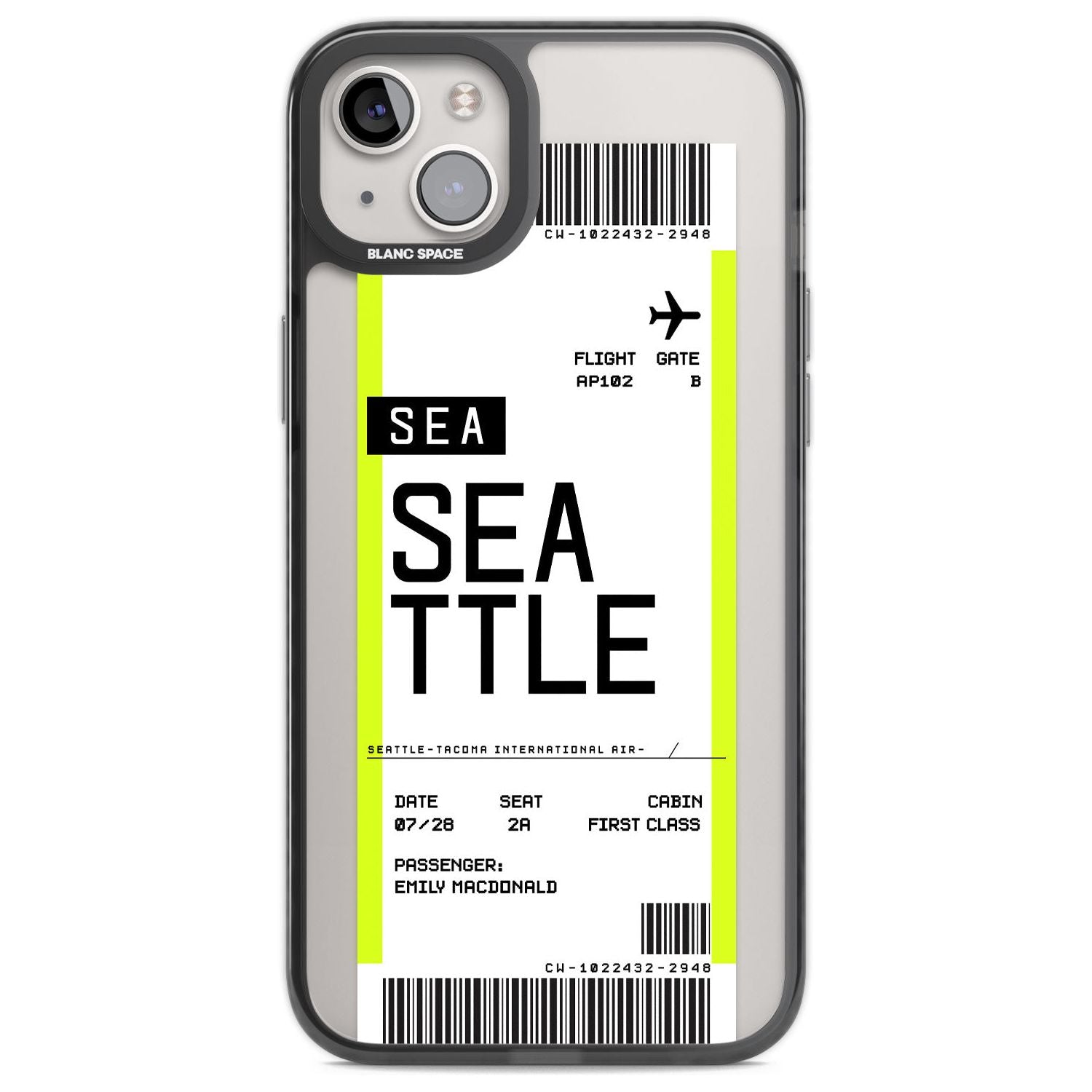 Personalised Seattle Boarding Pass Custom Phone Case iPhone 14 Plus / Black Impact Case Blanc Space