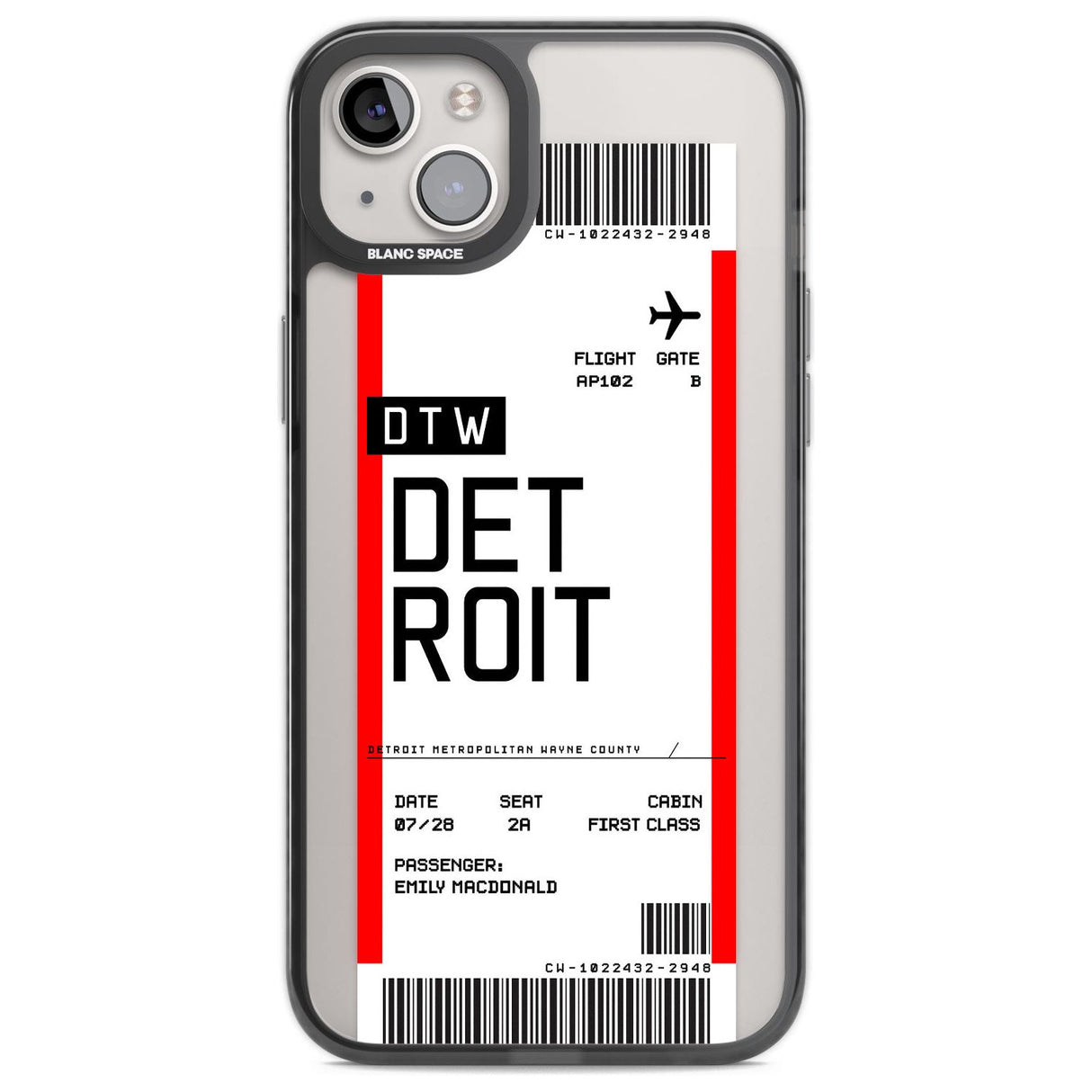 Personalised Detroit Boarding Pass Custom Phone Case iPhone 14 Plus / Black Impact Case Blanc Space