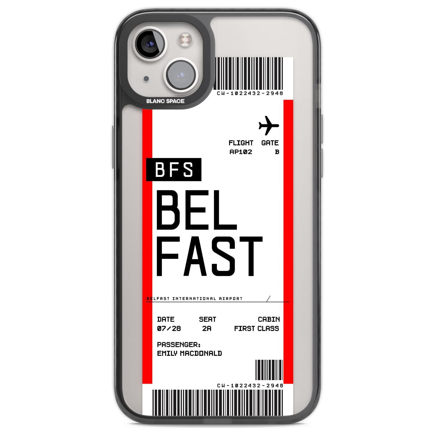 Personalised Belfast Boarding Pass Custom Phone Case iPhone 14 Plus / Black Impact Case Blanc Space