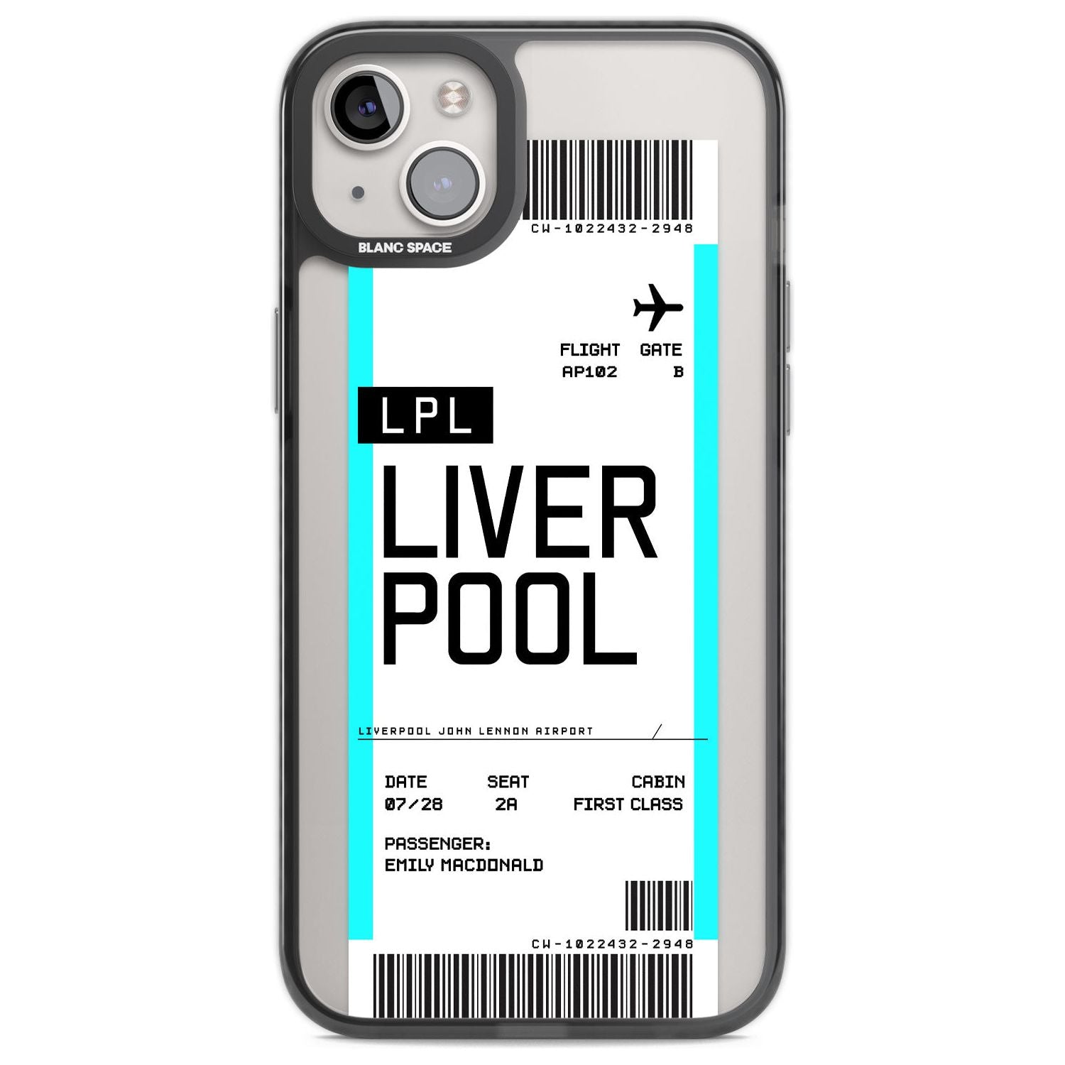 Personalised Liverpool Boarding Pass Custom Phone Case iPhone 14 Plus / Black Impact Case Blanc Space