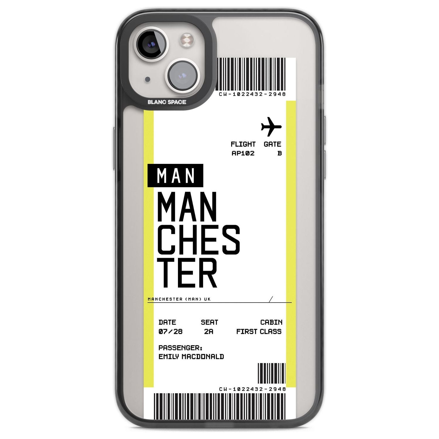 Personalised Manchester Boarding Pass Custom Phone Case iPhone 14 Plus / Black Impact Case Blanc Space