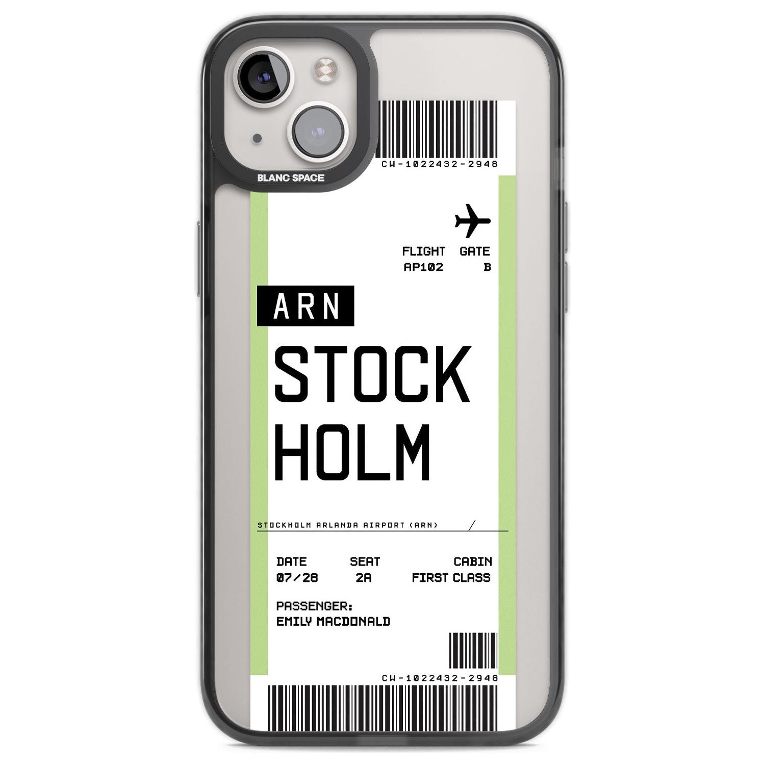 Personalised Stockholm Boarding Pass Custom Phone Case iPhone 14 Plus / Black Impact Case Blanc Space