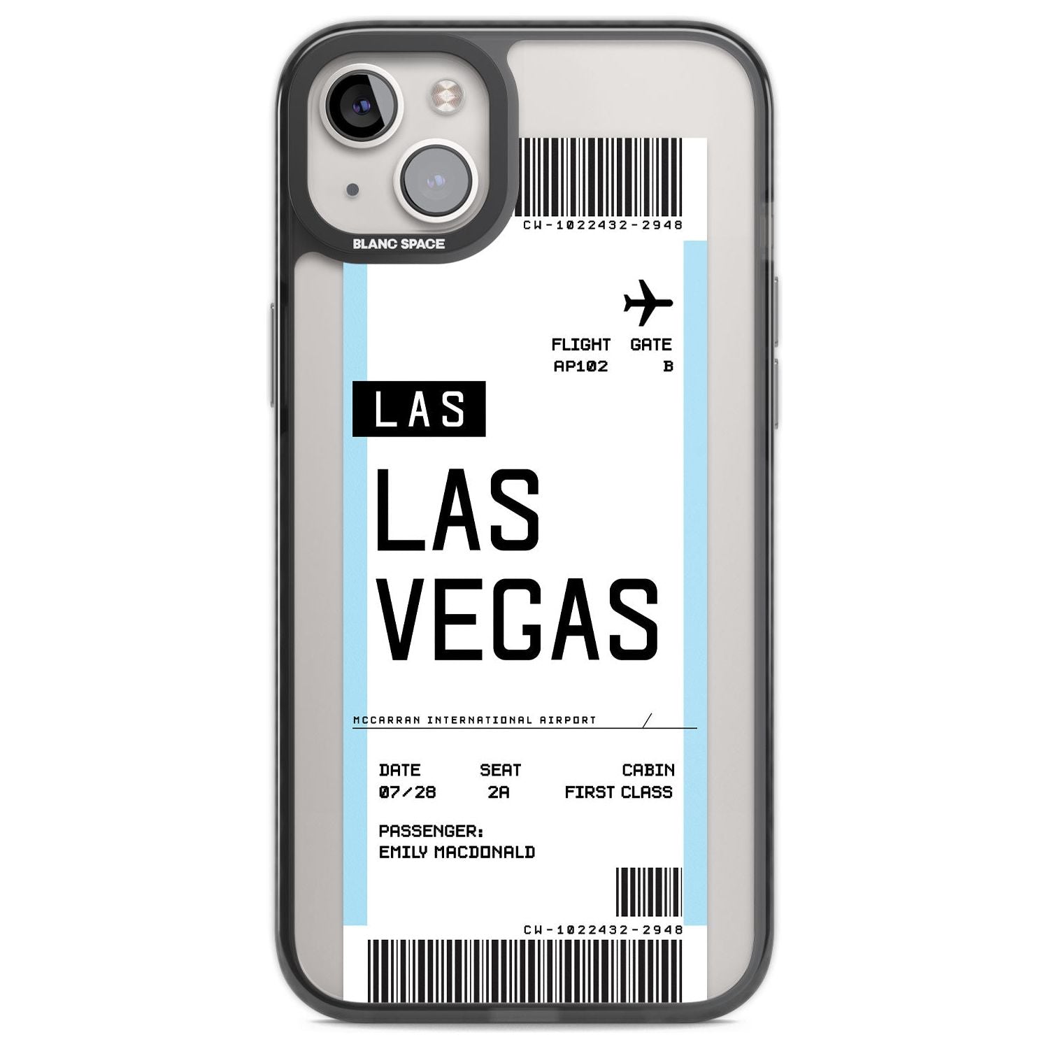 Personalised Las Vegas Boarding Pass Custom Phone Case iPhone 14 Plus / Black Impact Case Blanc Space