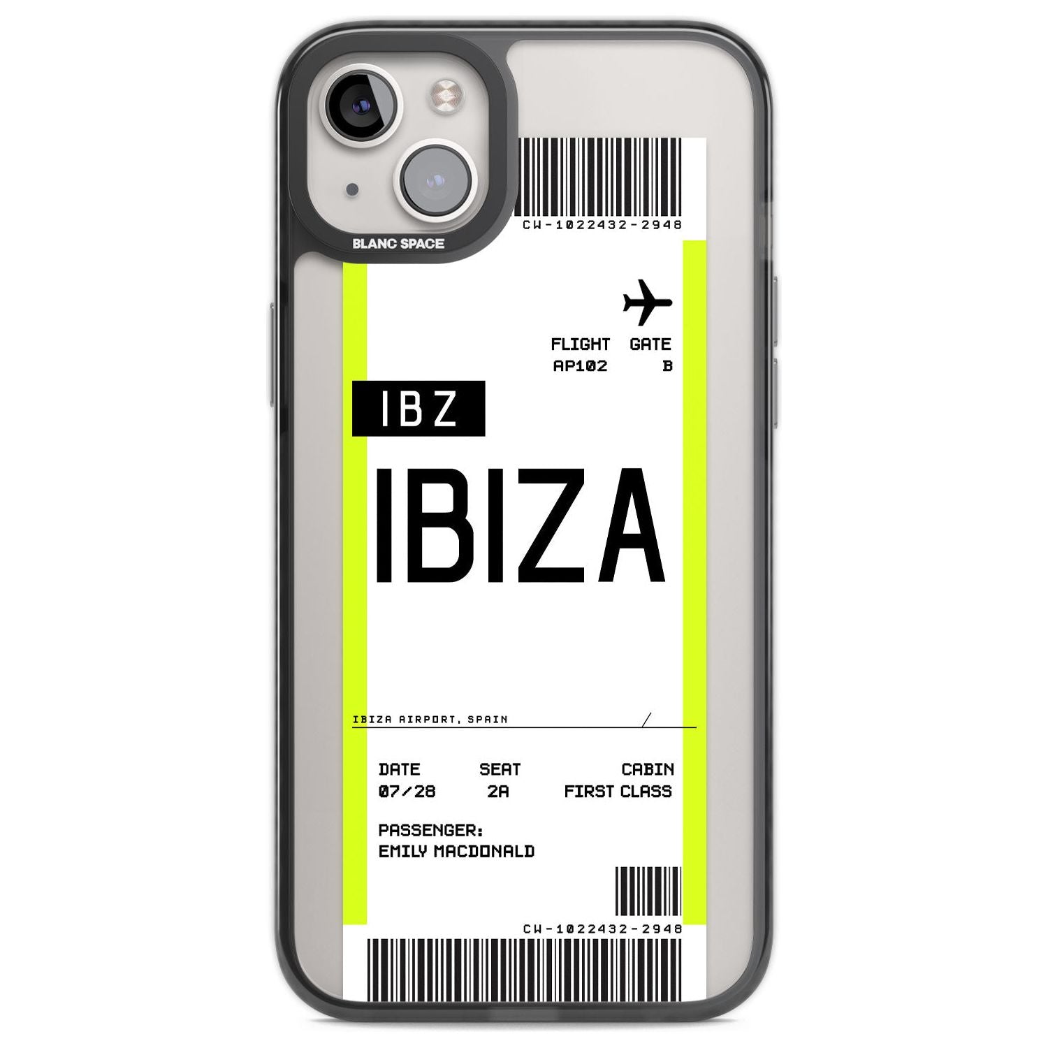 Personalised Ibiza Boarding Pass Custom Phone Case iPhone 14 Plus / Black Impact Case Blanc Space