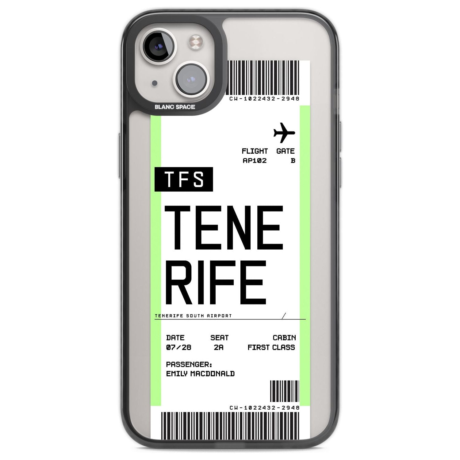 Personalised Tenerife Boarding Pass Custom Phone Case iPhone 14 Plus / Black Impact Case Blanc Space