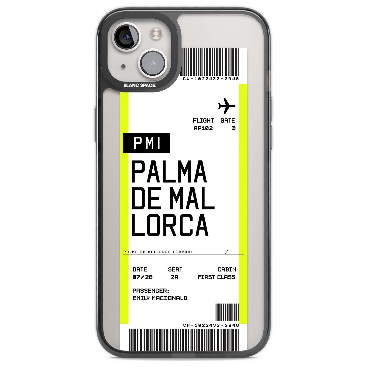 Personalised Palma De Mallorca Boarding Pass Custom Phone Case iPhone 14 Plus / Black Impact Case Blanc Space