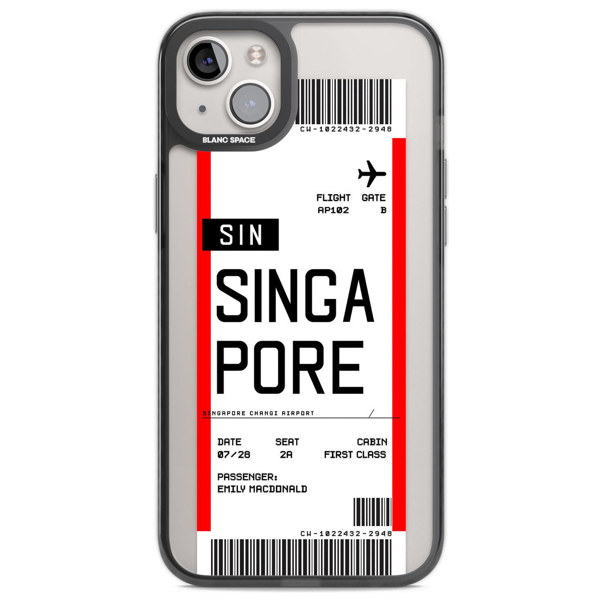 Personalised Singapore Boarding Pass Custom Phone Case iPhone 14 Plus / Black Impact Case Blanc Space