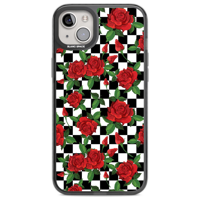 Checkered Pattern & Red Roses Phone Case iPhone 14 Plus / Black Impact Case Blanc Space