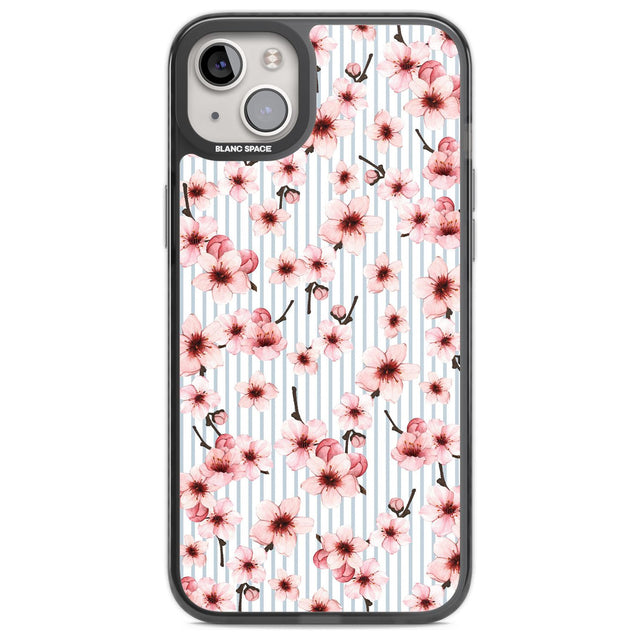 Cherry Blossoms on Blue Stripes Pattern Phone Case iPhone 14 Plus / Black Impact Case Blanc Space